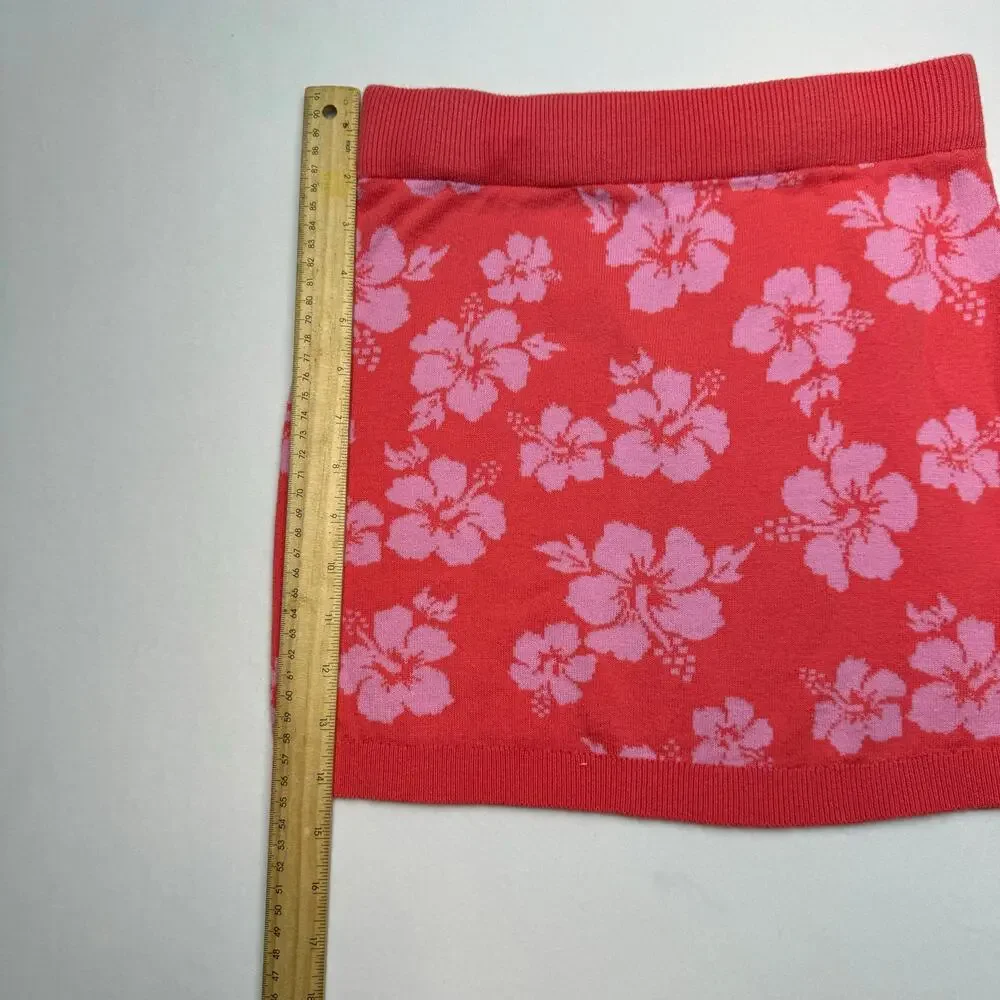 Art Class Hibiscus Knit Mini Skirt L 10/12 Red Pink Floral Y2K Coconut Girl Boho - Picture 6 of 10